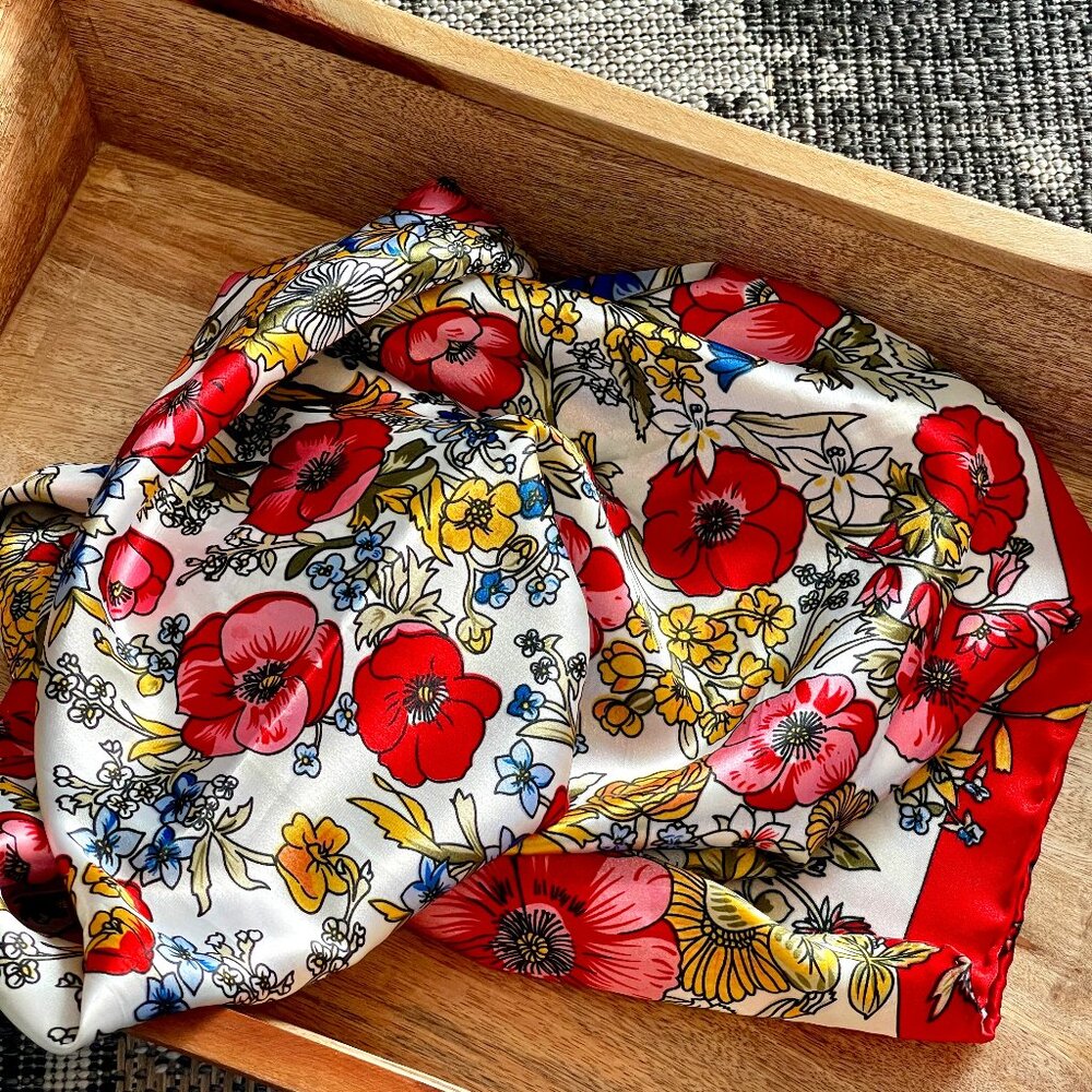 Vintage Satin Large Square Scarf Red White Yellow Blue Floral Classic Feminine